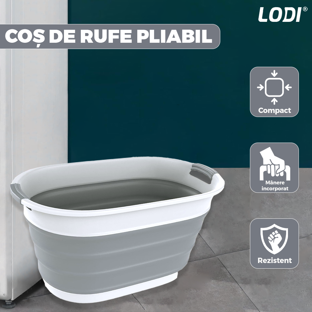 Cos de Rufe Pliabil Lodi676, organizare si depozitare, multiafunctional, compact, 24 litri, 53 x 38 x 24 cm, gri