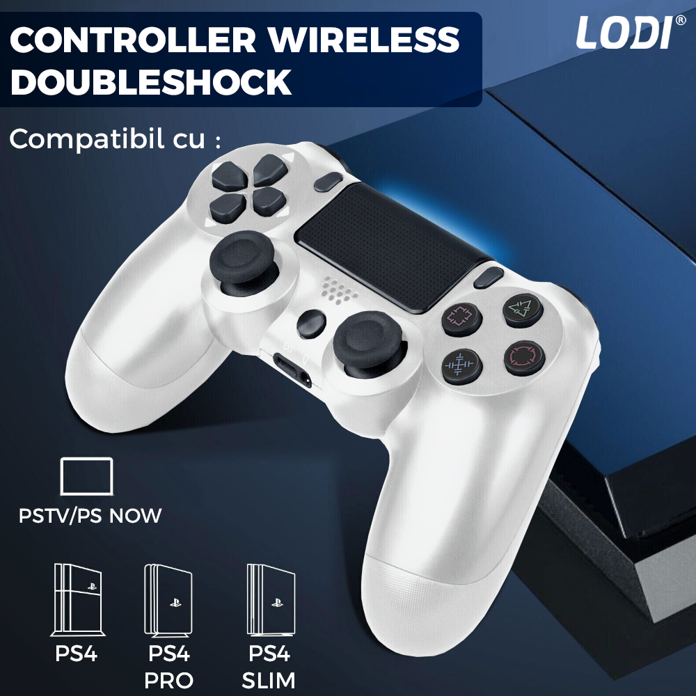 Controller Wireless DoubleShock Lodi1193, compatibil cu PS4, joystick-uri analog, vibratie dubla, baterie performanta, alb