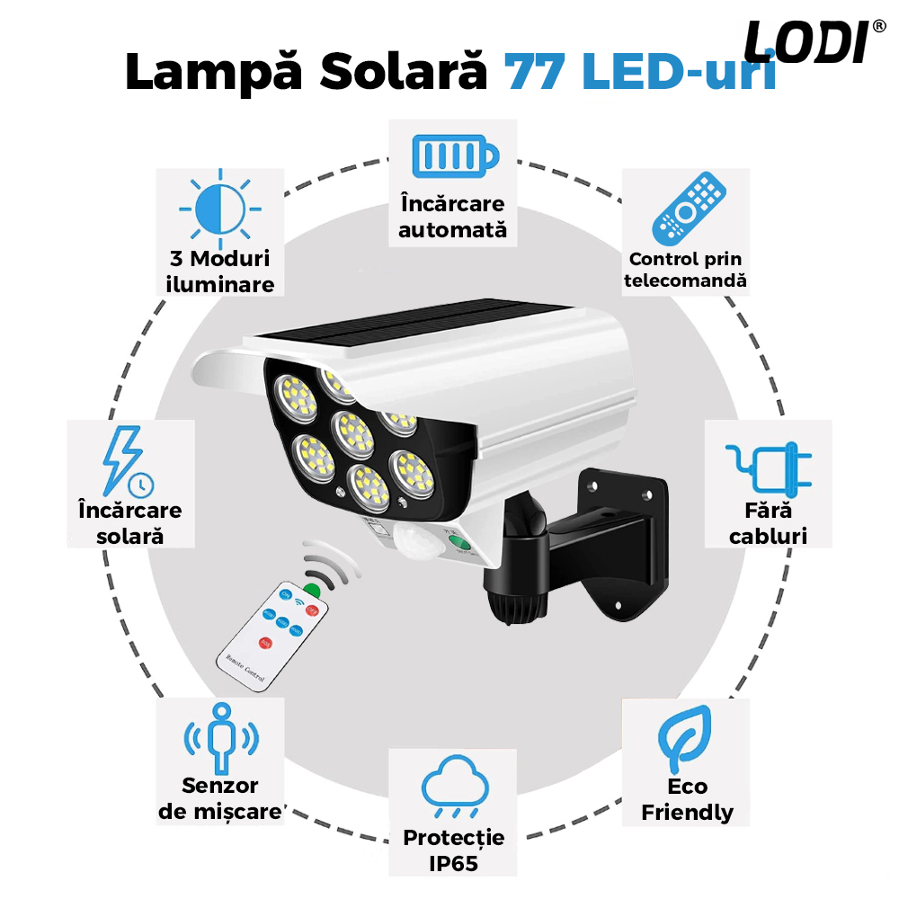 Lampa Solara 77 LED-uri Lodi264, tip camera, senzor de miscare, 3 moduri de iluminare, protectie IP65, Waterproof, exterior, telecomanda, alb