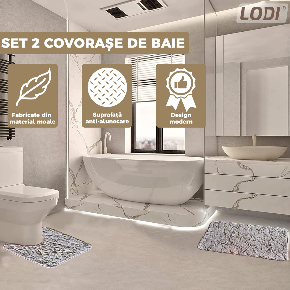 Set 2 Covorase de Baie Lodi435, anti-derapante, material moale, design modern, finisaj auriu, Model 5, 80x50 & 50x40cm, roz pudrat