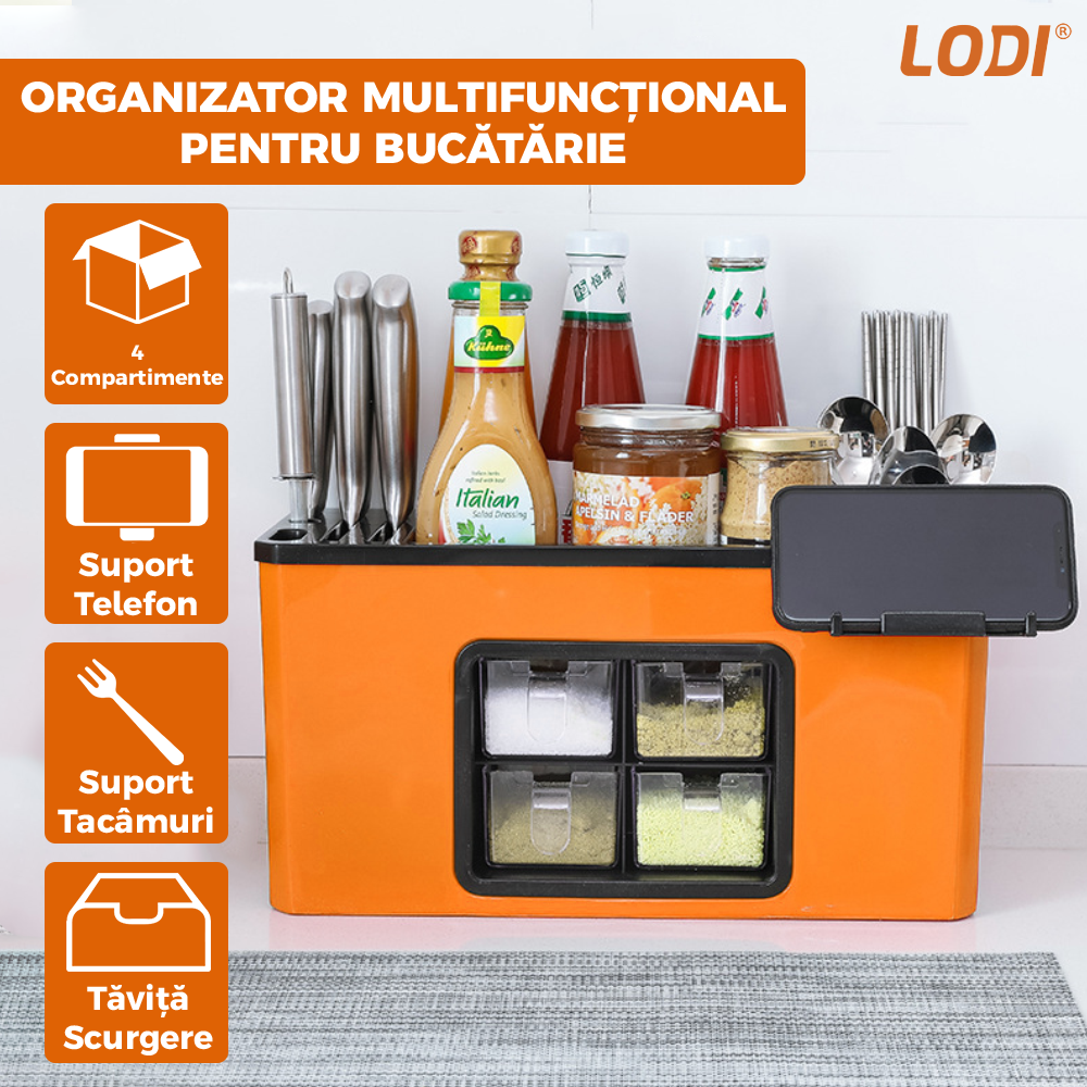 Organizator Multifunctional pentru Bucatarie Lodi603, 4 Compartimente, raft condimente, suport detasabil telefon, tavita de scurgere, suport tacamuri/ustensile, portocaliu