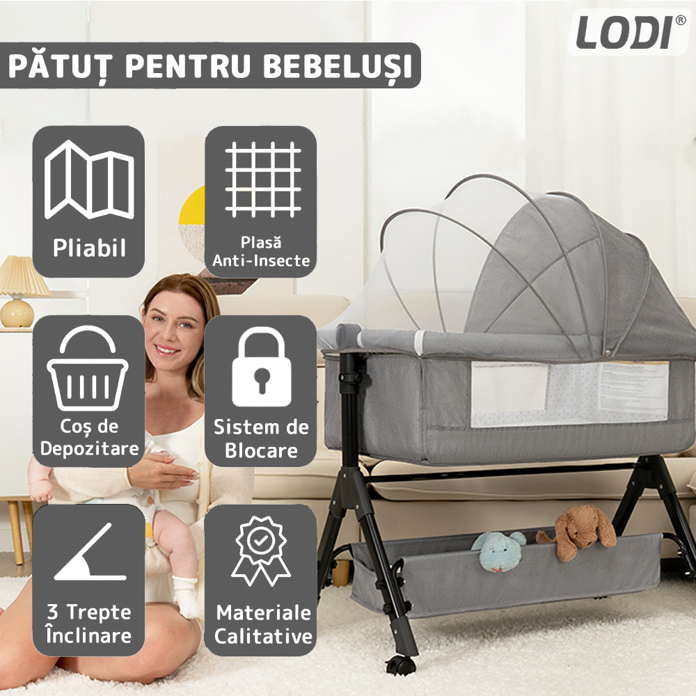 Patut Pliabil pentru Bebelusi Lodi1069, 3 trepte de inclinare, sistem de blocare, plasa anti-insecte, cos depozitare, gri