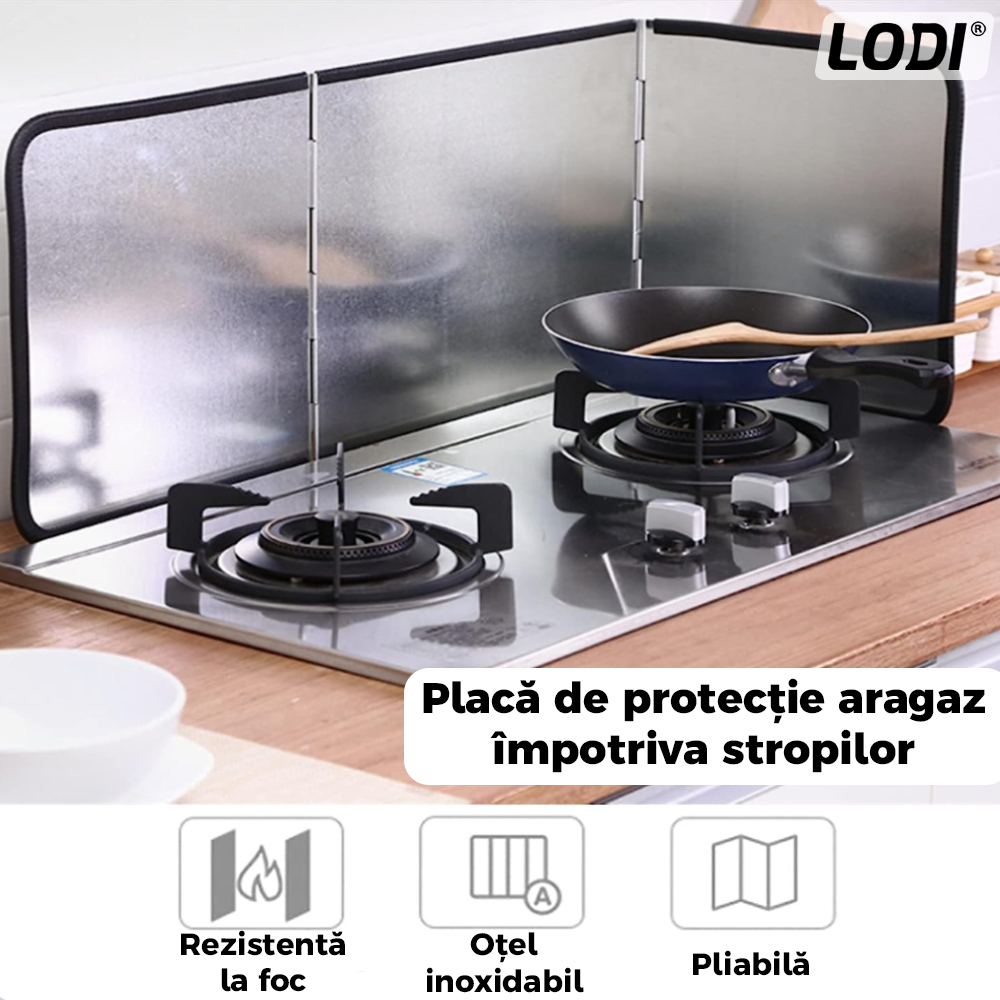 Placa de Protectie Aragaz Anti-Stropi Lodi87, panou triplu, pliabila, metal, de inalta calitate, usor de curatat, 97x30cm, argintiu