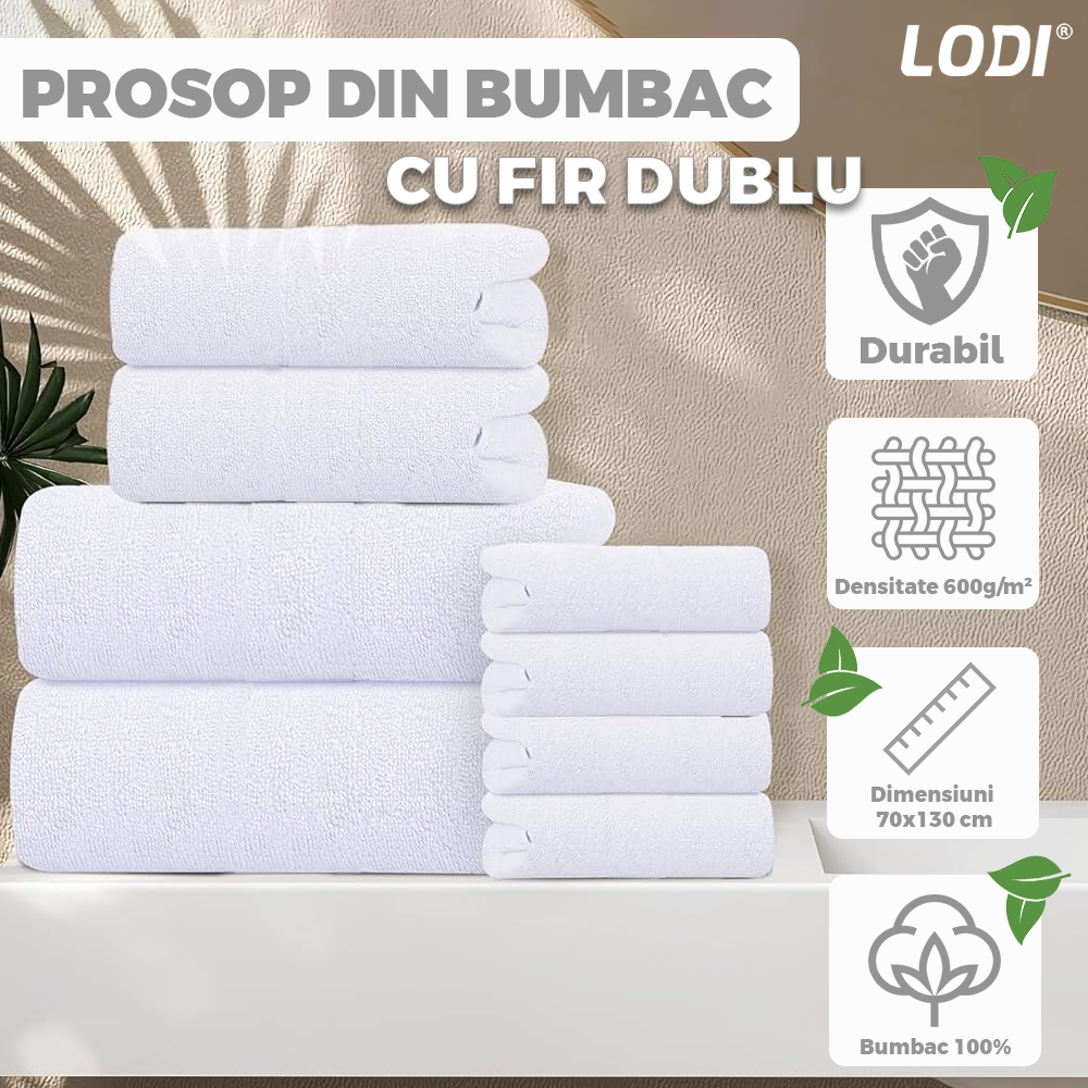 Prosop de Baie si de Fata cu Fir Dublu Lodi1390, pentru uz rezidential/hotel/calatorii, densitate 620g/m², model grecesc, bumbac 100%, dimensiuni 50x90 cm, alb