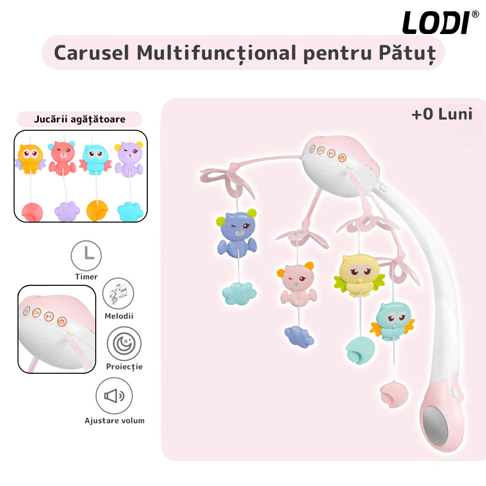 Carusel Muzical pentru Patut Lodi526, Bebe, control prin telecomanda, proiector, muzica si lumini, jucarii detasabile, roz