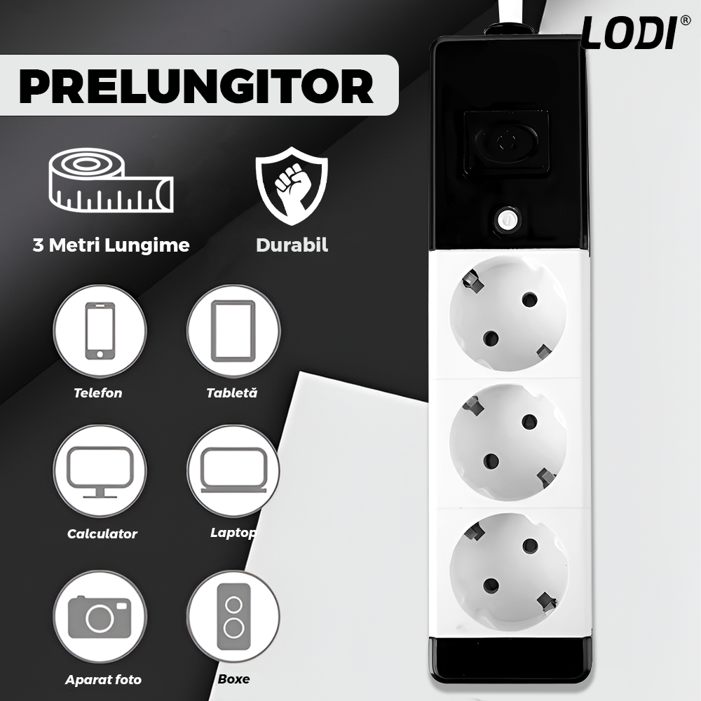 Prelungitor Lodi1280, 3 prize, intrerupator, suport de agatare incorporat, rezistent la temperaturi inalte, universal, lungime 3 metri, negru/alb