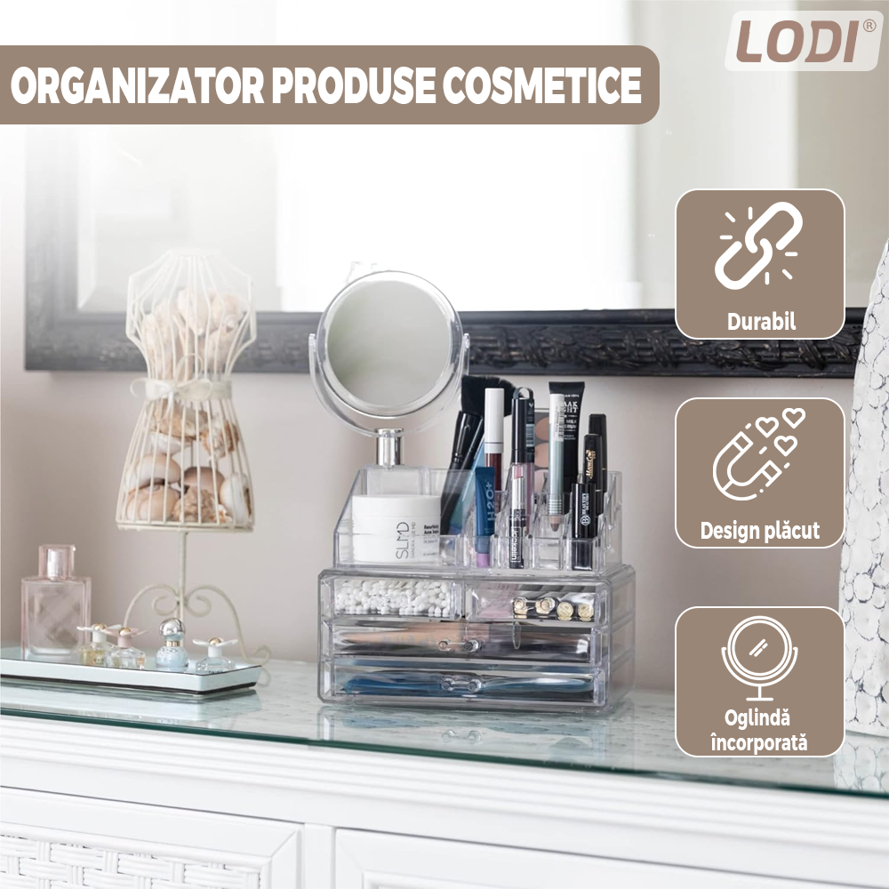 Organizator Cutie Depozitare pentru Produse Cosmetice Lodi472, bijuterii si alte obiecte, 3 sertare, oglinda incorporata, piese detasabile, transparent, 24 x 35 cm