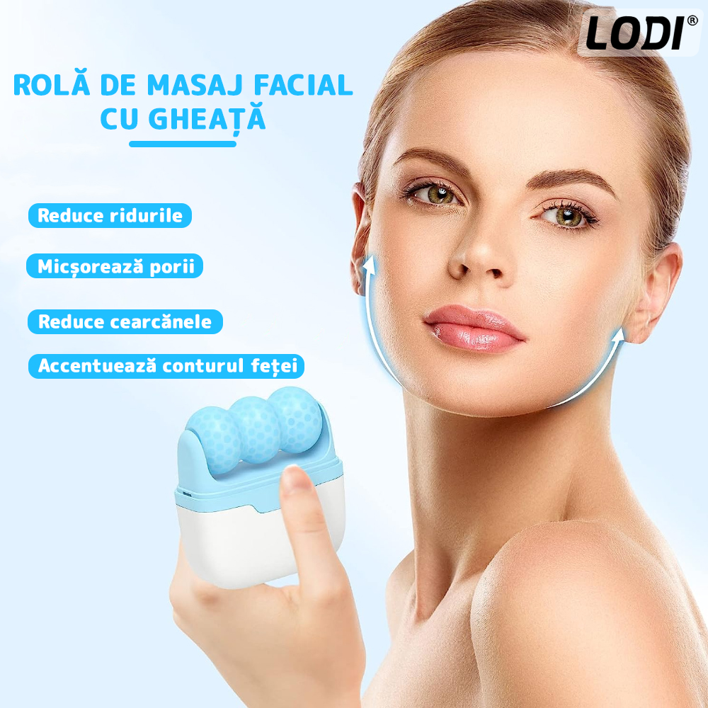 Rola de Masaj cu Gheata Lodi50, Ice Roller, 2 capete W si V, anti-aging, ingrijirea tenului, tonifiere, albastru/alb