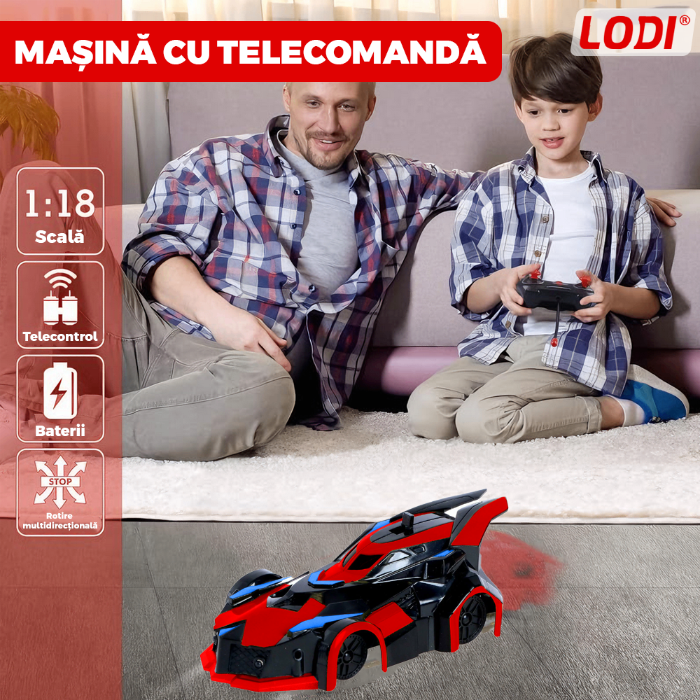 Masinuta Antigravitationala cu Telecomanda Lodi1416, urcare pe pereti si tavan, compatibila cu orice suprafata, rotire 360 de grade, senzor infrarosu, incarcare cu port USB, telecomanda intuitiva, rosu/negru