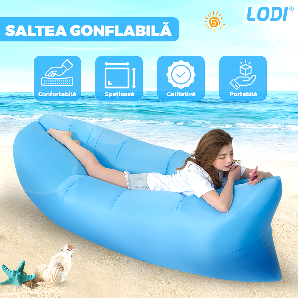 Saltea Gonflabila Tip Sezlong Lazybag Lodi1231, material rezistent, umflare fara pompa, pentru plaja/picnic/camping, rucsac de depozitare, 190 x 70 cm, albastru