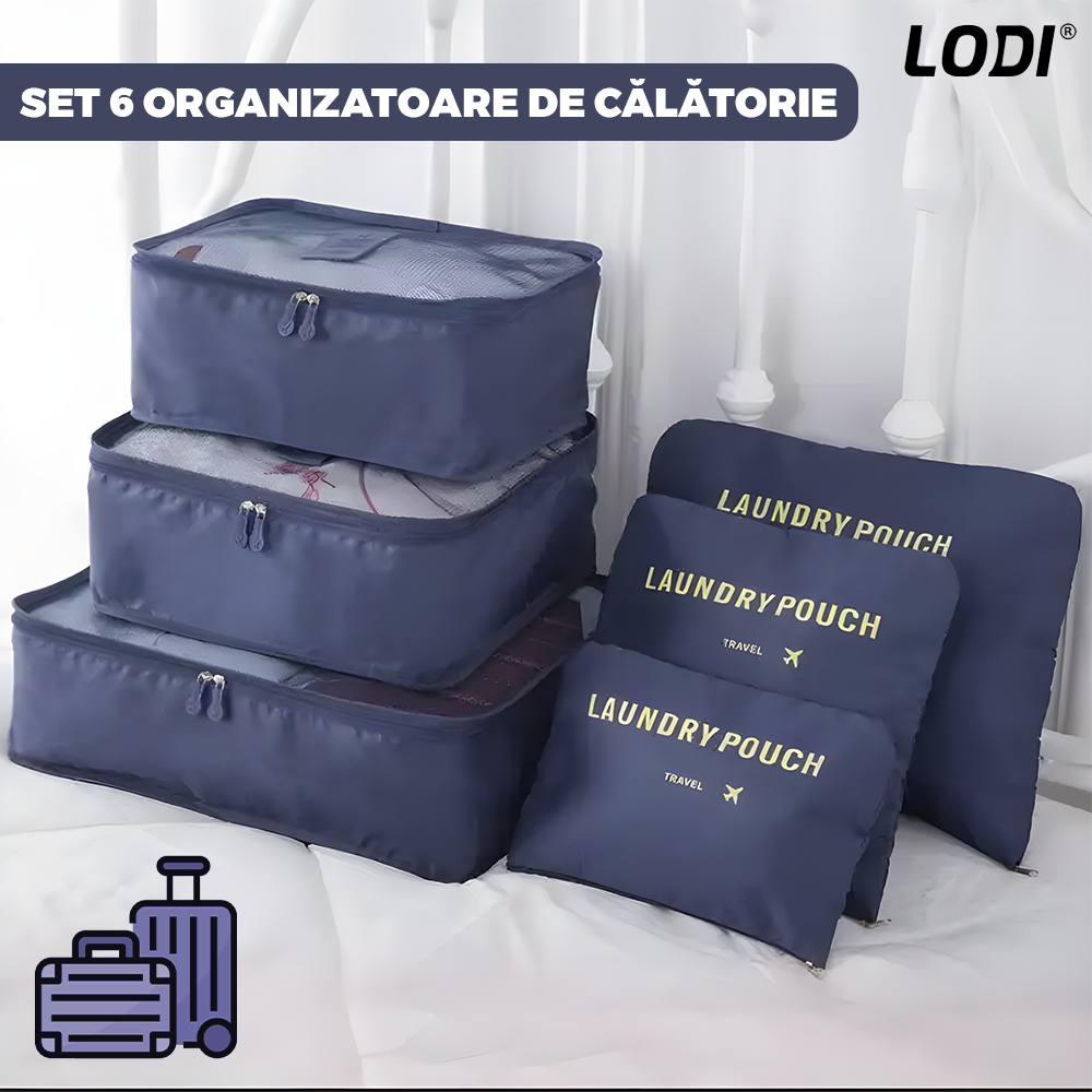 Set 6 Organizatoare Lodi671, pentru calatorie, diferite marimi, bagaj de voiaj, valiza, troler, genti, haine, accesorii, inchidere cu fermoar dublu, plasa, albastru inchis