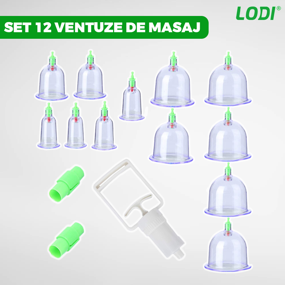 Set 12 Ventuze pentru Masaj Lodi682, beneficii multiple, pompa cu vacuum, terapie, decongestionare, verde