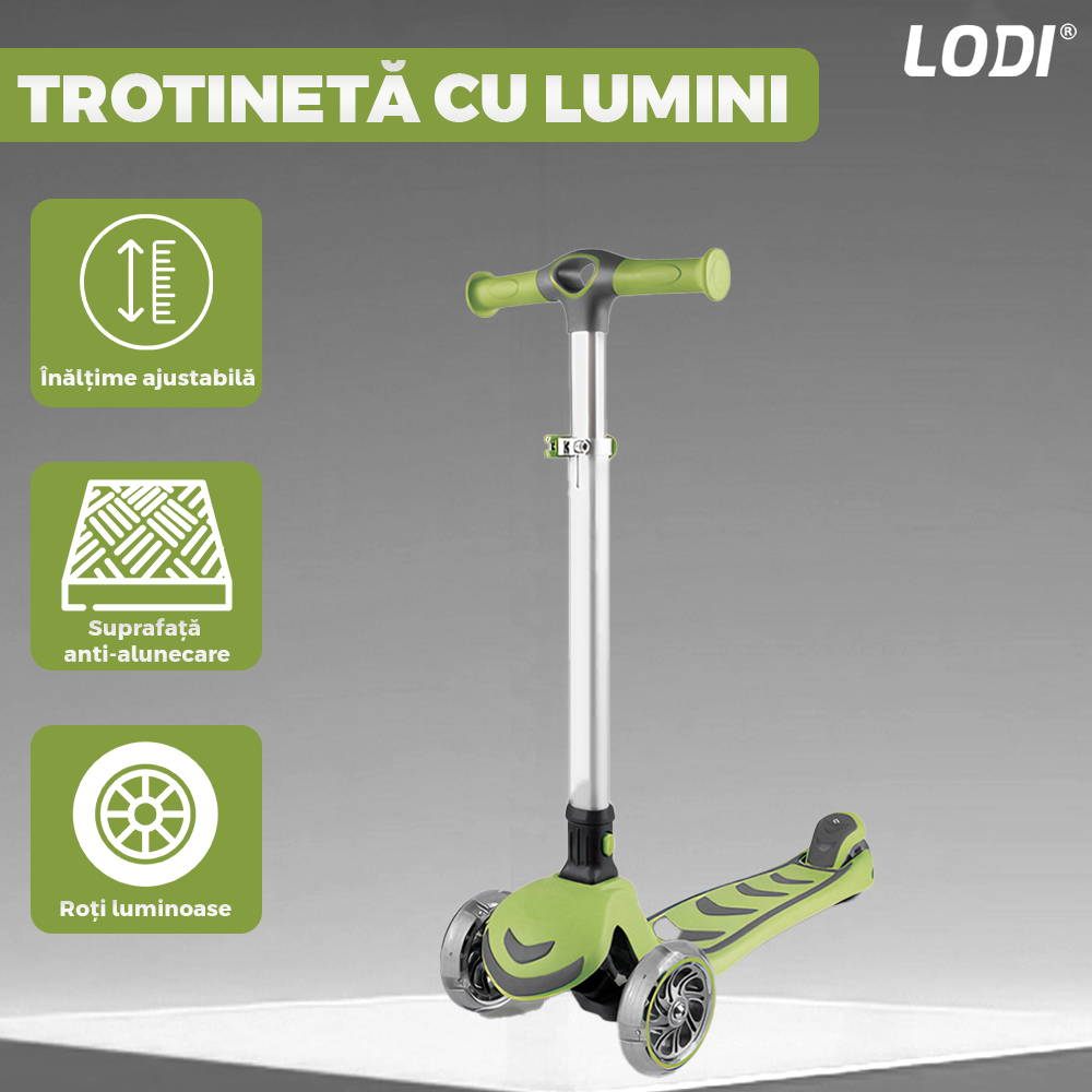Trotineta pentru Copii cu Lumini Lodi1050, 3 roti, pliabila, anti-aluncare, inaltime ajustabila, stabila, frana, incorporata, 3-11 ani, verde
