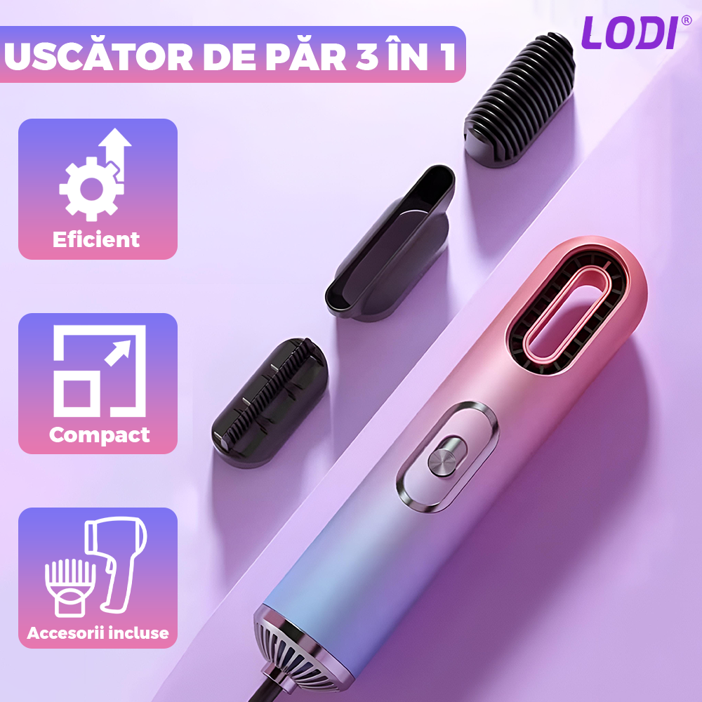 Uscator Profesional de Par 3 in 1 Lodi973, aparat multifunctional coafare si uscare, 3 accesorii incluse, 1200W, multicolor pastel