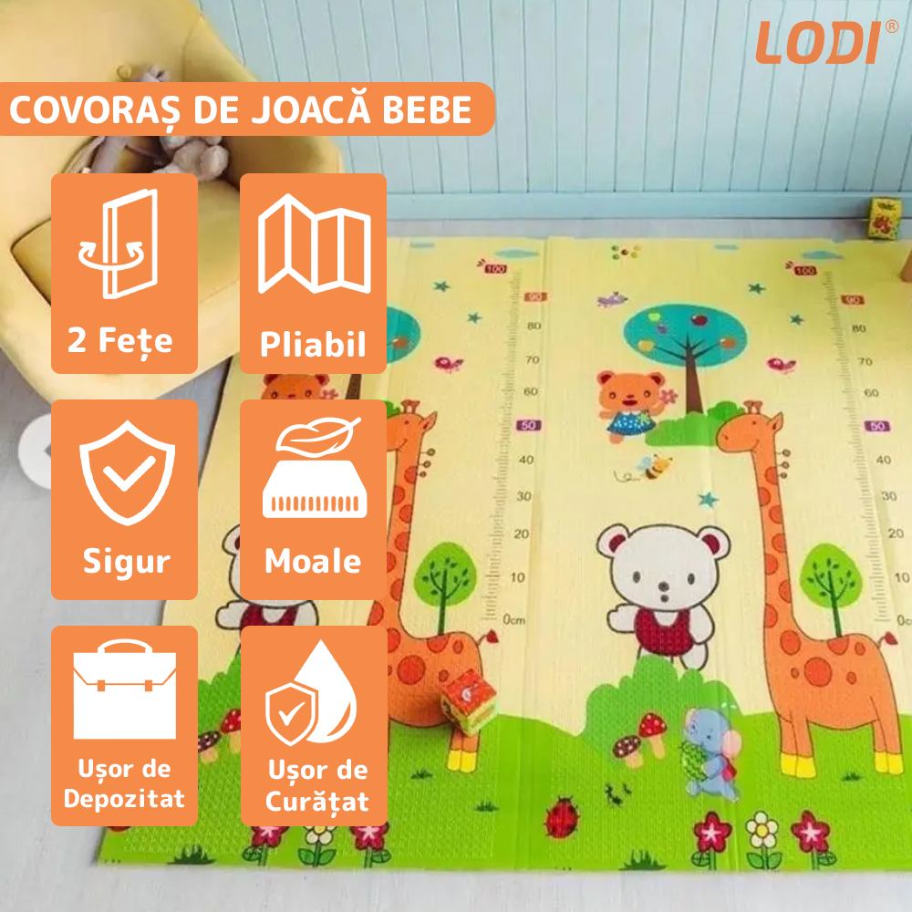 Covoras de Joaca pentru Copii Lodi289, 2 fete, termic, anti-derapant, pliabil, protectie impotriva loviturilor, animale si numere, 200x180cm, grosime 1 cm, multicolor