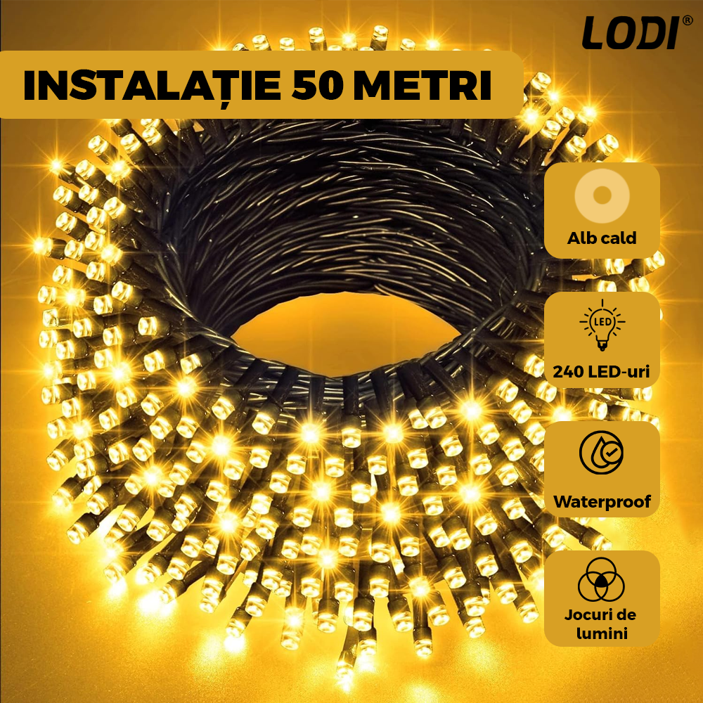 Instalatie de Craciun Liniara Lodi1433, 240 LED-uri, 8 jocuri de lumini, alimentare la priza, interior/exterior, rezistenta la apa, 50 m, alb cald