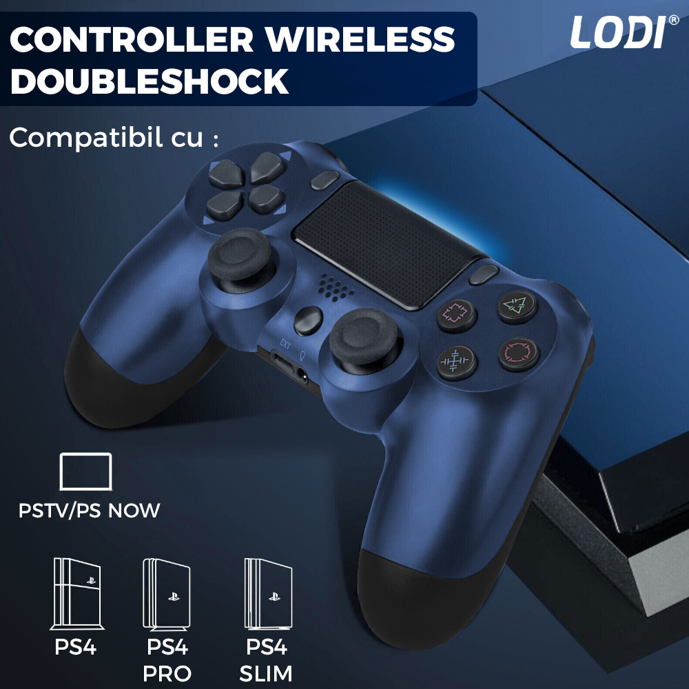 Controller Wireless DoubleShock Lodi1194, compatibil cu PS4, joystick-uri analog, vibratie dubla, baterie performanta, albastru