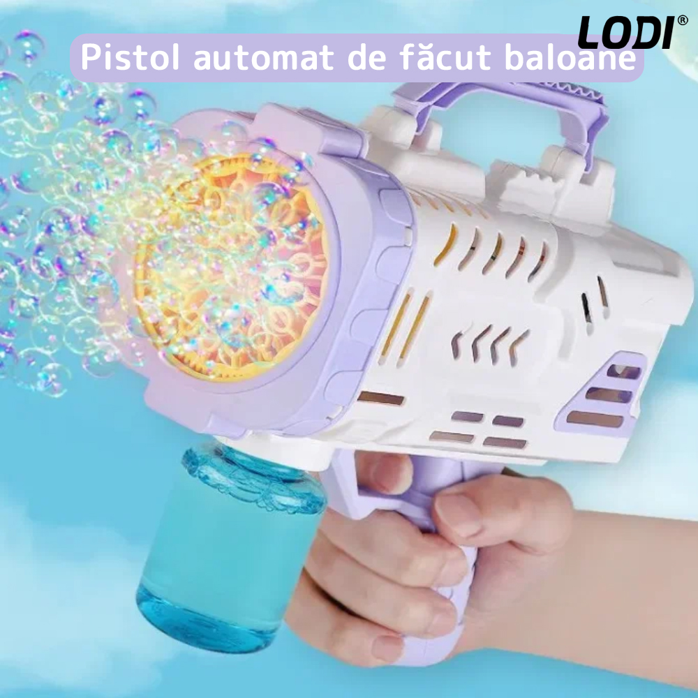 Pistol de Facut Baloane Bubble Gun Lodi67, tip Bazooka, automat, rezerva incluse, alimentare cu baterii, alb/mov