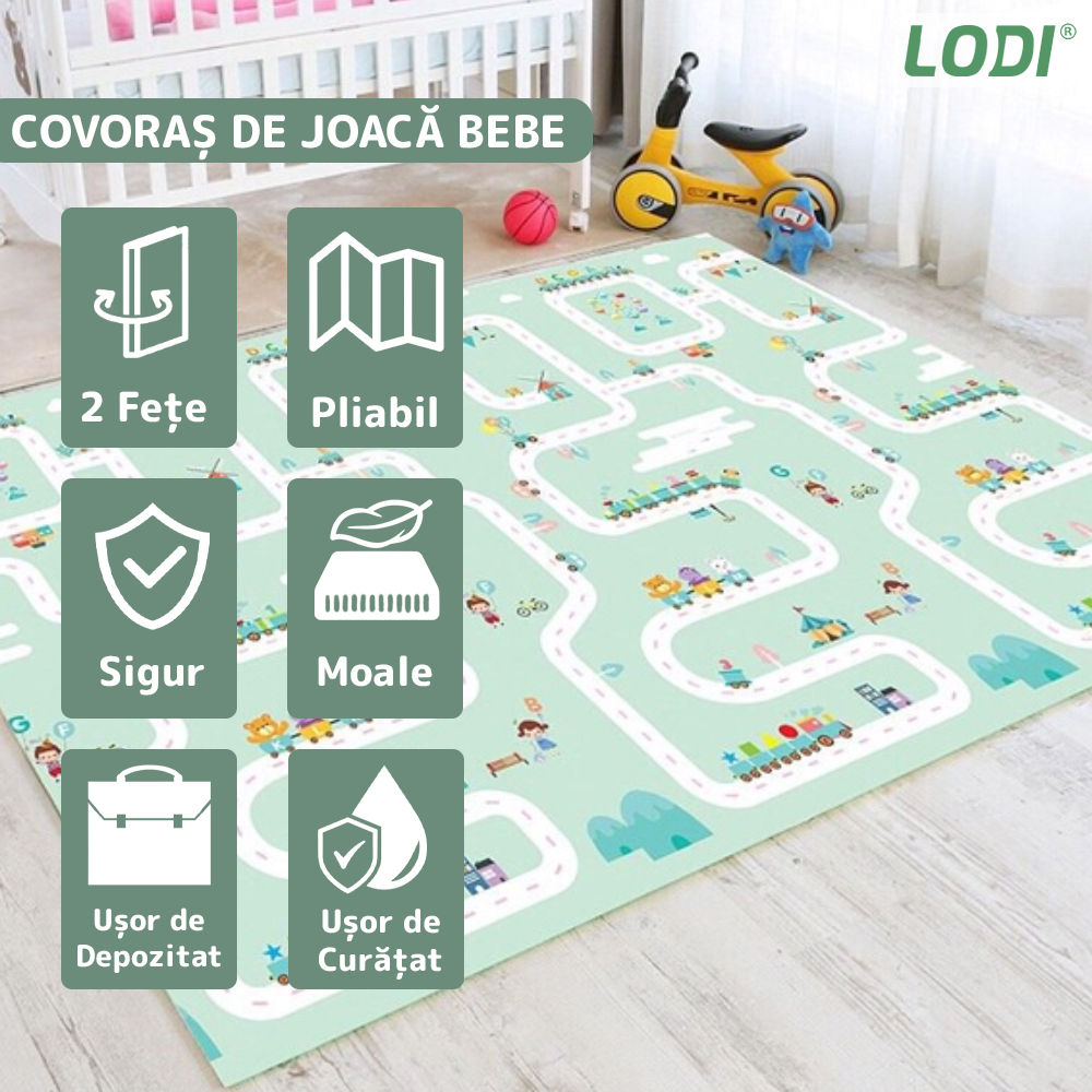 Covoras de Joaca pentru Copii Lodi490, 2 fete, termic, anti-derapant, pliabil, protectie impotriva loviturilor, iarna si orasel, 200x180cm, grosime 1 cm, multicolor