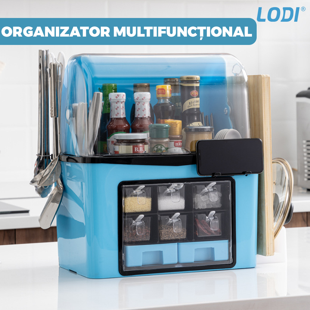 Organizator Multifunctional pentru Bucatarie Lodi485, suport sticle, rafturi pentru condimente, cuier pentru ustensile, suport cutite, 46 x 26 x 43 cm, albastru