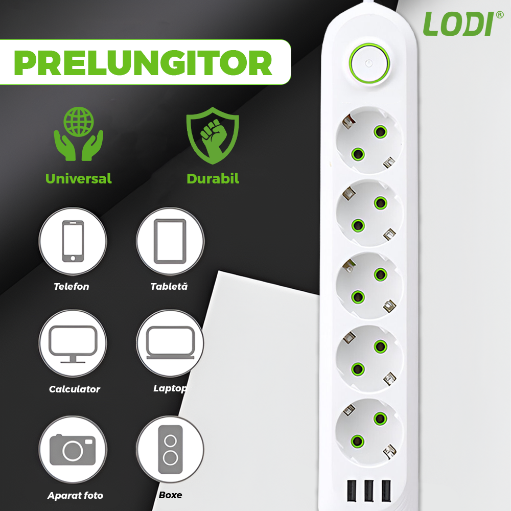 Prelungitor Lodi1278, 5 prize, 3 porturi USB, intrerupator, suport de agatare incorporat, rezistent la temperaturi inalte, universal, lungime 3 metri, alb