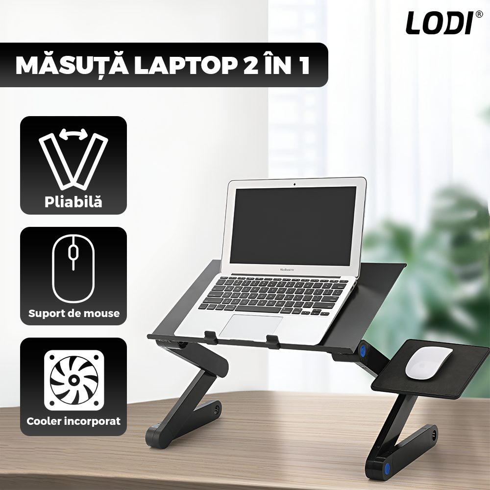 Masuta pentru Laptop 2 in 1 Lodi1241, reglabila pe inaltime, sistem de ventilatie dublu, coolere CPU, suport reglabl pentru mouse, multifunctionala, versatila, 42 x 26 cm, negru