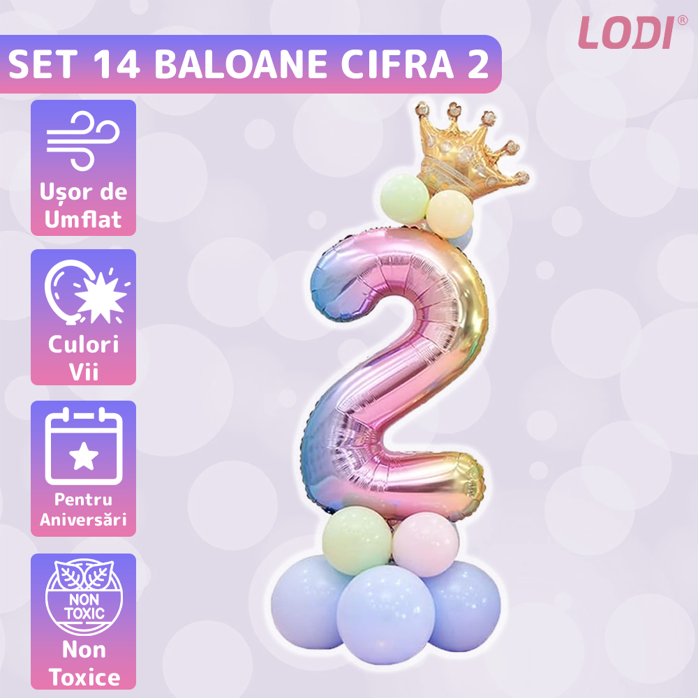 Set 14 Baloane CIfra 2 Lodi729, coroana, balon pastelat, pentru Petreceri/Aniversari/Evenimente, mai multe dimensiuni, latex, multicolor