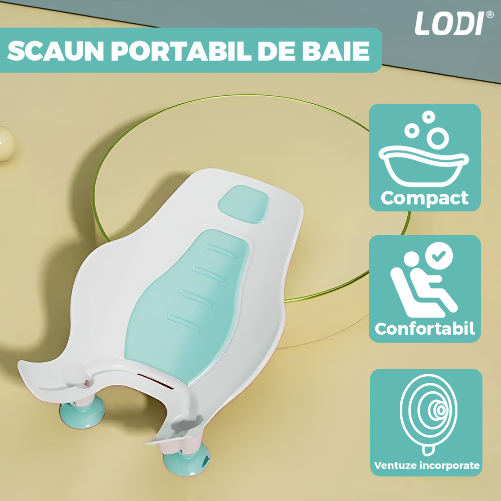 Scaun Portabil de Baie Lodi980, nou-nascuti si bebelusi, cu suport montabil tip ventuza pe chiuveta, lavoar sau cada, antiderapant, colturi rotunjite, turcoaz