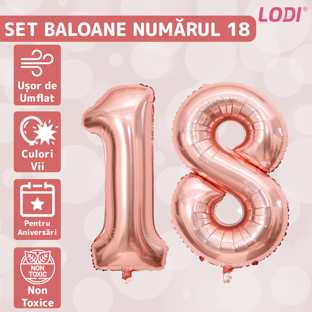 Set 2 Baloane Cifra 18 Lodi720, pentru Petreceri/Aniversari/Evenimente/Majorate, 105 cm, rose gold