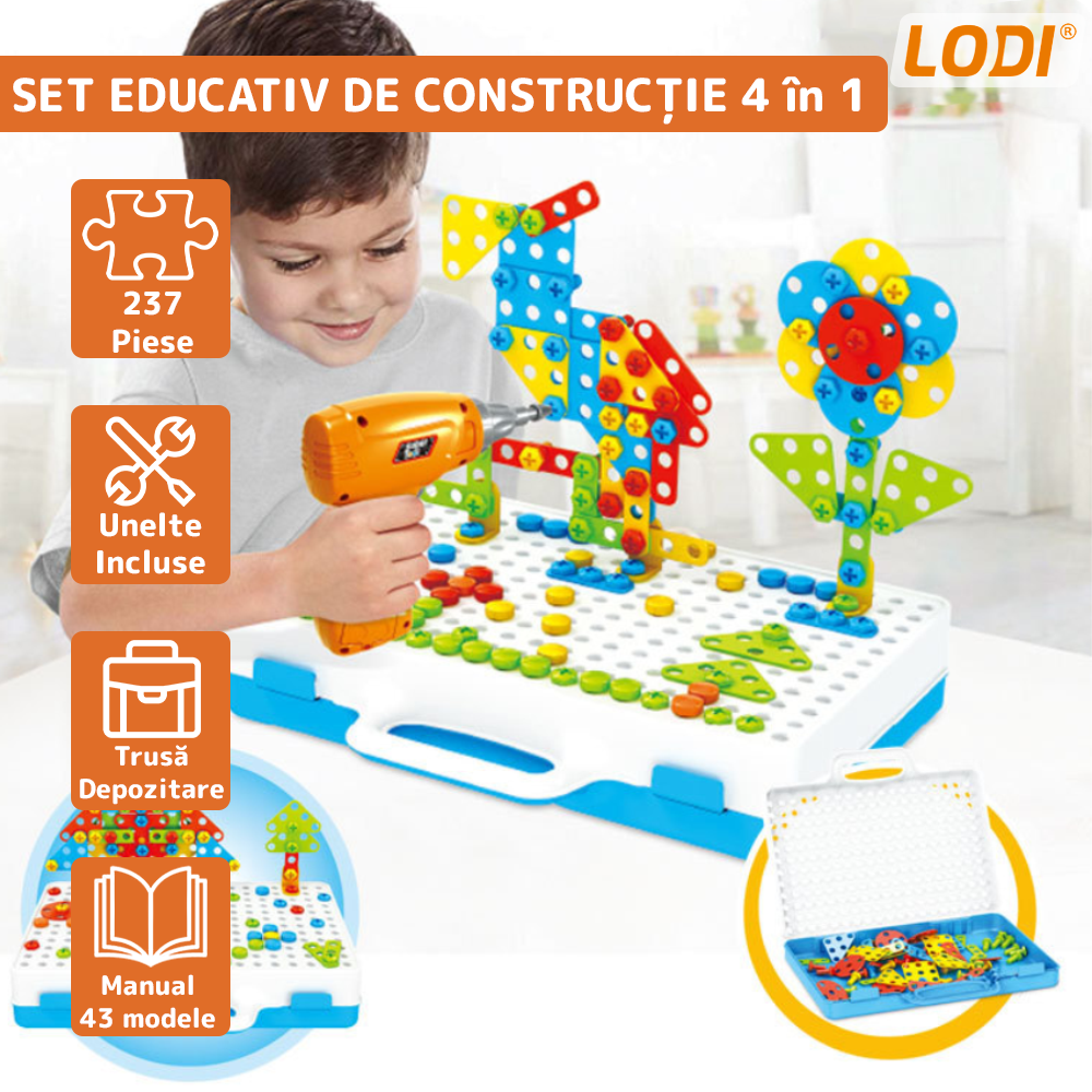 Jucarie Educativa si Interactiva 4in1 Lodi515, 237 piese, bormasina pentru inginerie, pentru fete si baieti, manual inclus, puzzle 3D/2D, montessori, dezvoltare STEM, multicolor