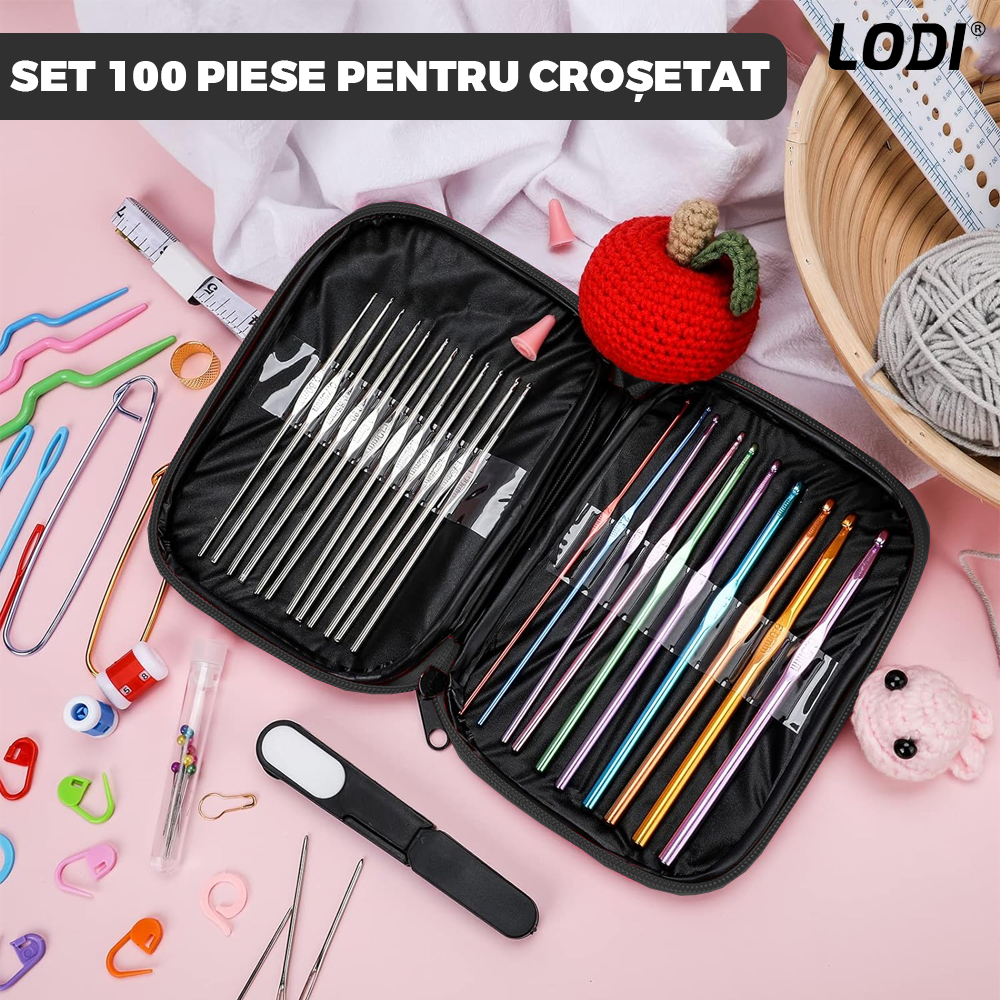 Set Profesional de Crosetat Lodi663, 100 de piese, 12 andrele subtiri argintii, 10 andrele groase multicolore, foarfeca, rigla si accesorii pentru tricotat, husa de depozitare, negru