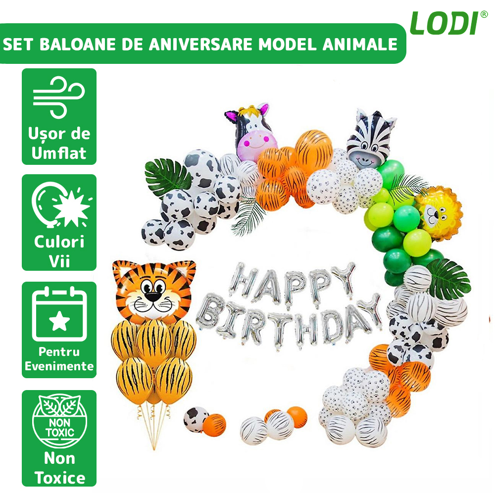Set Baloane si Decoratiuni Lodi300, pentru Petreceri/Aniversari copii, tema junglei/safari, latex, multicolor