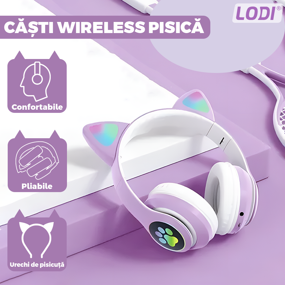 Casti Wireless Model Pisica Lodi947, STN-28, overear, urechi de pisica cu iluminare RGB, bluetooth 5.0, handsfree, HiFi, bass stereo, lila