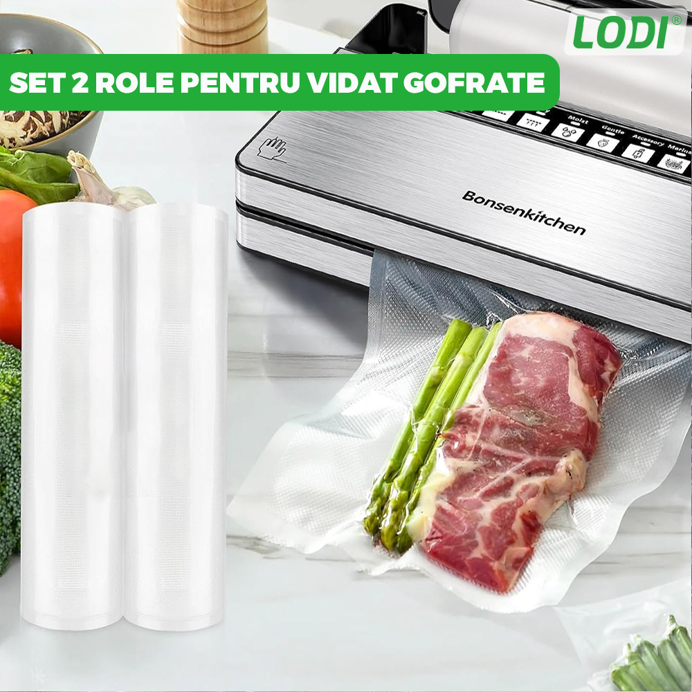 Set de Role Folii pentru Vidat Universale Lodi, 5m x 17cm, compatibile cu orice aparat de vidat, gofrate, reutilizabile, rezistente la caldura, transparente