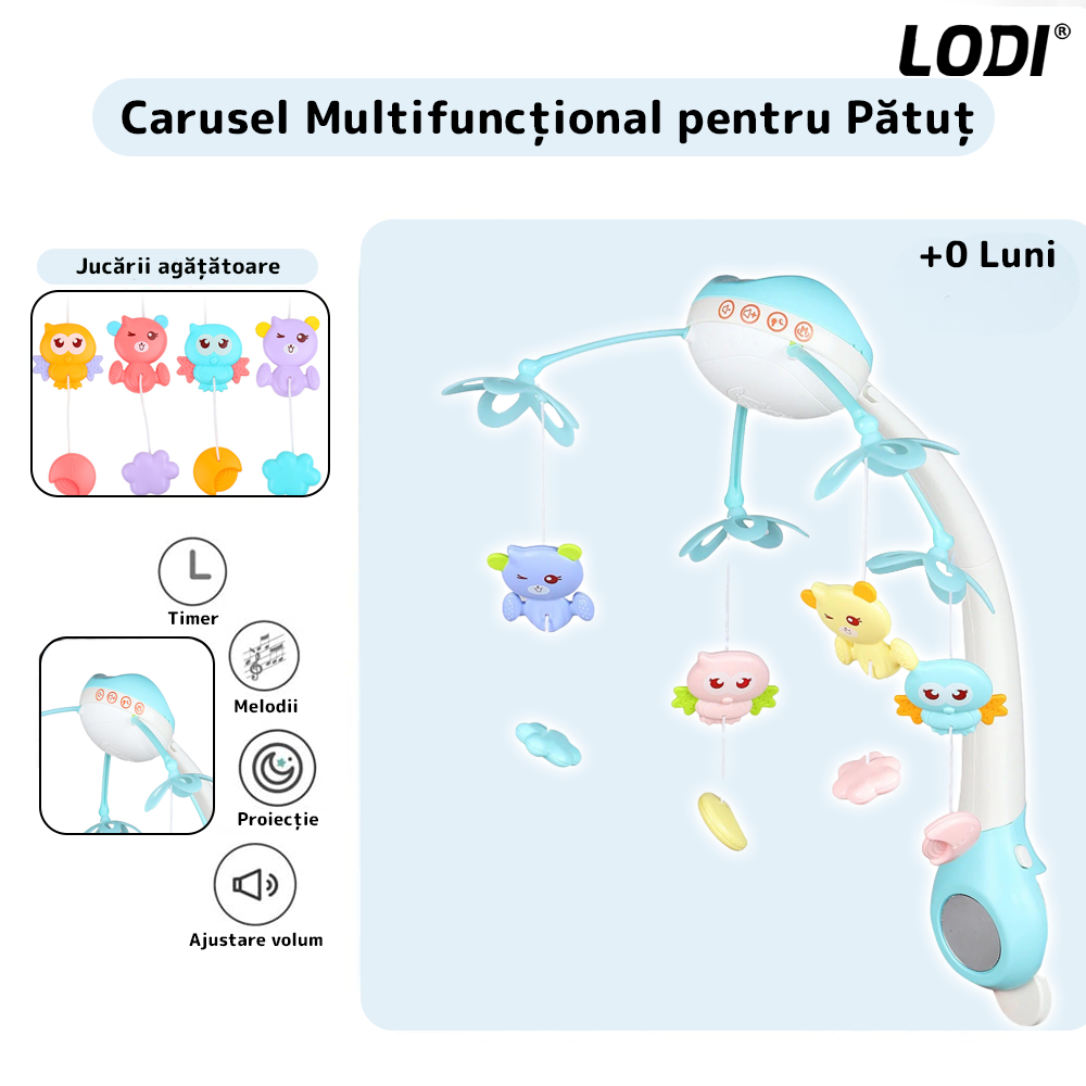 Carusel Muzical pentru Patut Lodi525, Bebe, control prin telecomanda, proiector, muzica si lumini, jucarii detasabile, albastru deschis