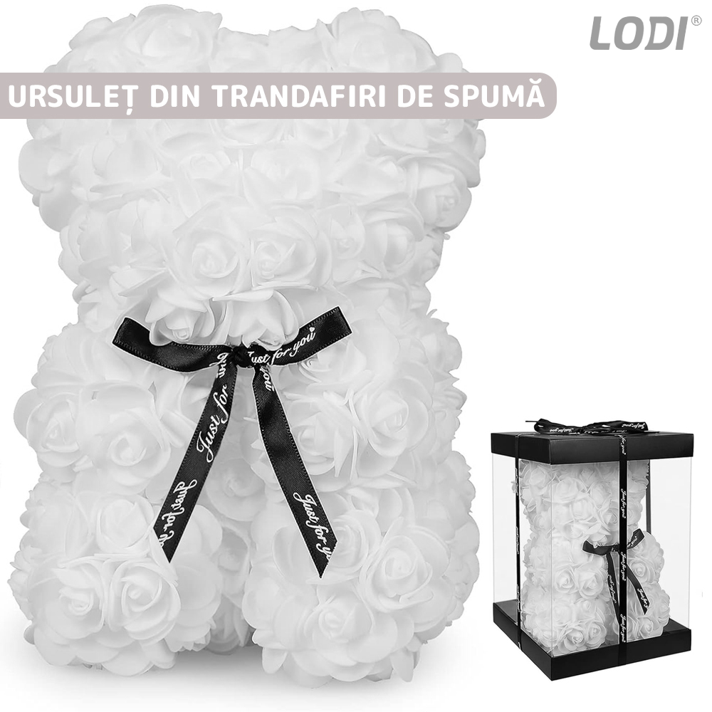 Ursulet din Trandafiri de Spuma Lodi333, floral alb, handmade, cutie transparenta, 25 cm