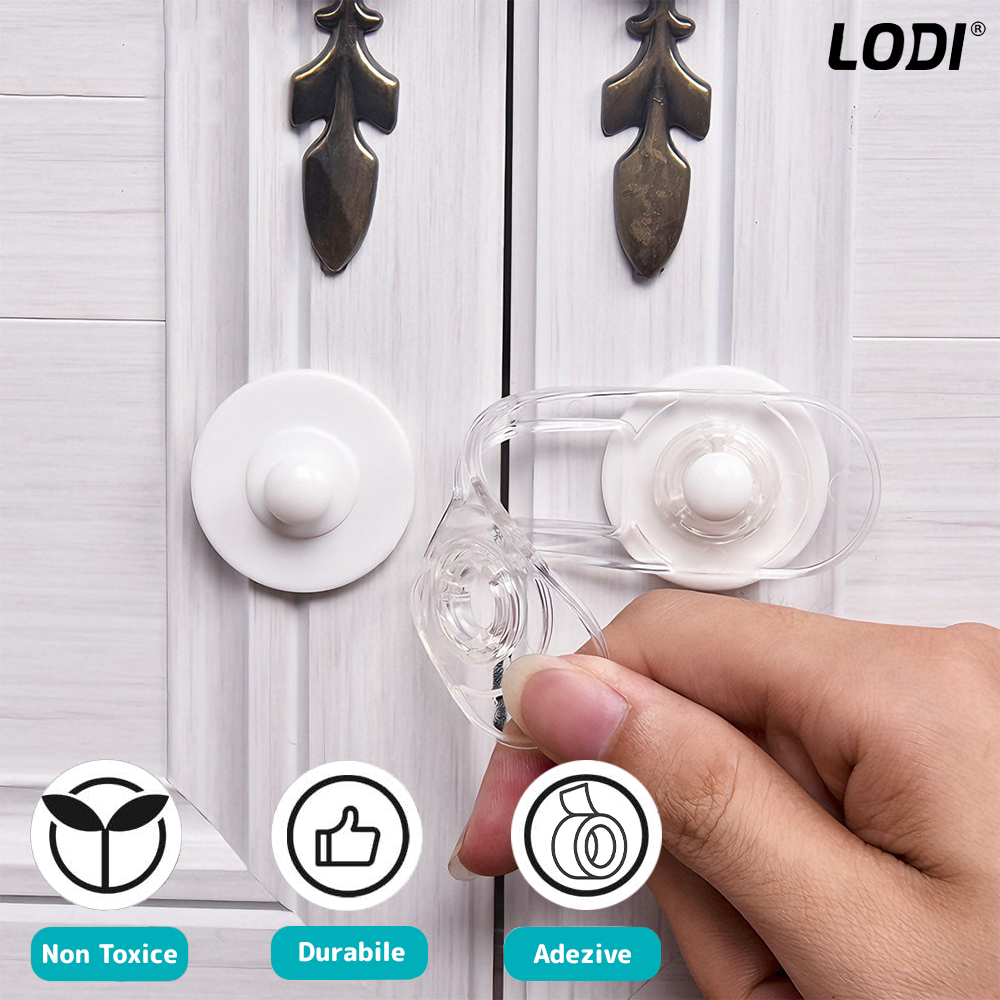 Set 7 x Siguranta Usi Copii Lodi1056, sistem de blocare usi/sertare/duapuri, ajustabile pe lungime, adeziv puternic, anti-deschidere accidentala, transparent