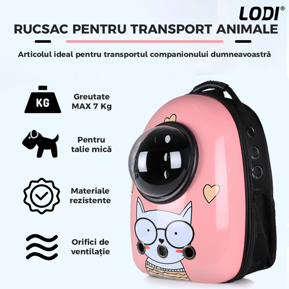 Rucsac Transport Animale Lodi22, greutate Max 7kg, hublou transparent, buzunar lateral, accesorii incluse, pentru talie mica, model Pisica, roz