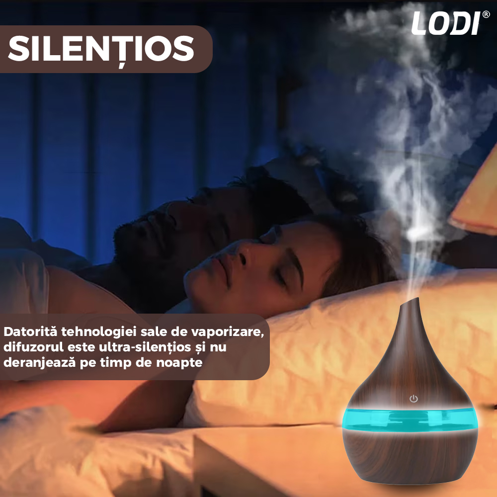 Difuzor Aromaterapie Lodi1463, forma conica, lumini ambientale, control tactil, capacitate 200ml, silentios, rezerva inclusa, alimentare USB, umidifica aerul, stejar inchis