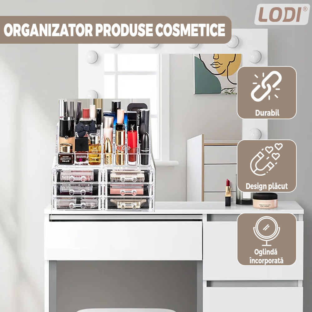 Organizator Cutie Depozitare pentru Produse Cosmetice Lodi473, bijuterii si alte obiecte, 6 sertare, piese detasabile, transparent, 24 x 19 cm