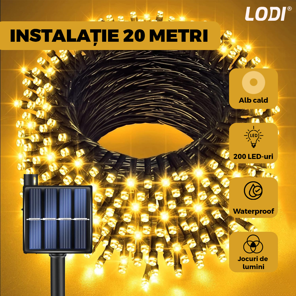 Instalatie de Craciun Liniara cu Panou Solar Lodi1458, 20 m, 8 jocuri de lumini, alimentare la priza, fir verde, interior/exterior, rezistenta la apa, 200 LED-uri, alb cald