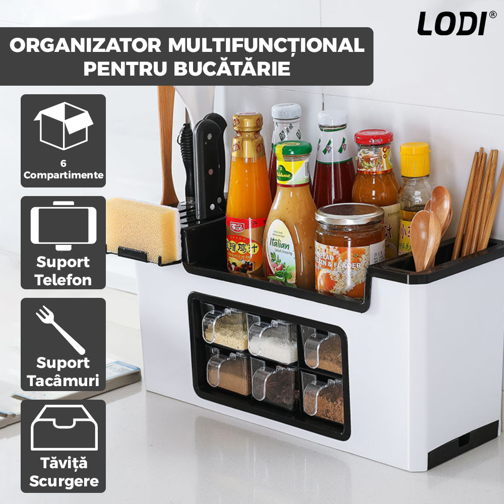 Organizator Multifunctional pentru Bucatarie Lodi531, 6 Compartimente, raft condimente, suport detasabil telefon, tavita de scurgere, suport tacamuri/ustensile, alb