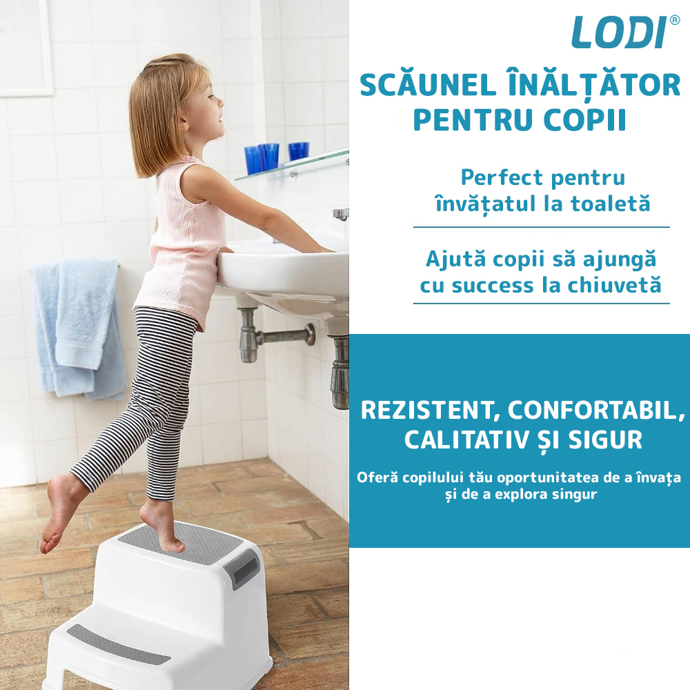 Scaunel Inaltator pentru Copii Lodi852, multifunctional, doua trepte, suprafata anti-alunecare, picioruse antiderapante, pentru bucatarie/baie, tip scara, confortabil, sigur, alb