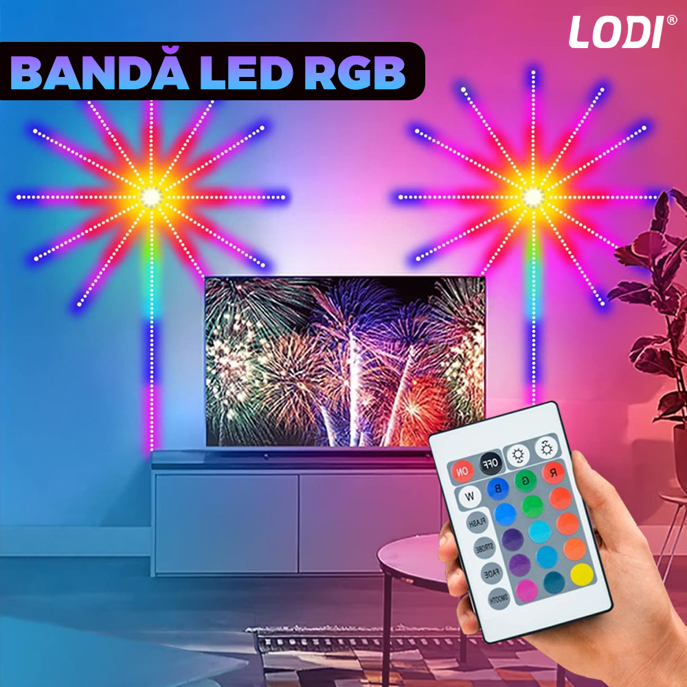 Kit Banda LED RGB Lodi420, model artificii, inteligenta cu intensitate de lumina si culori reglabile, control prin telecomanda cu 24 taste si aplicatie telefonica, 5050RGB, utilizare exterior IP65, 10 m, multicolora