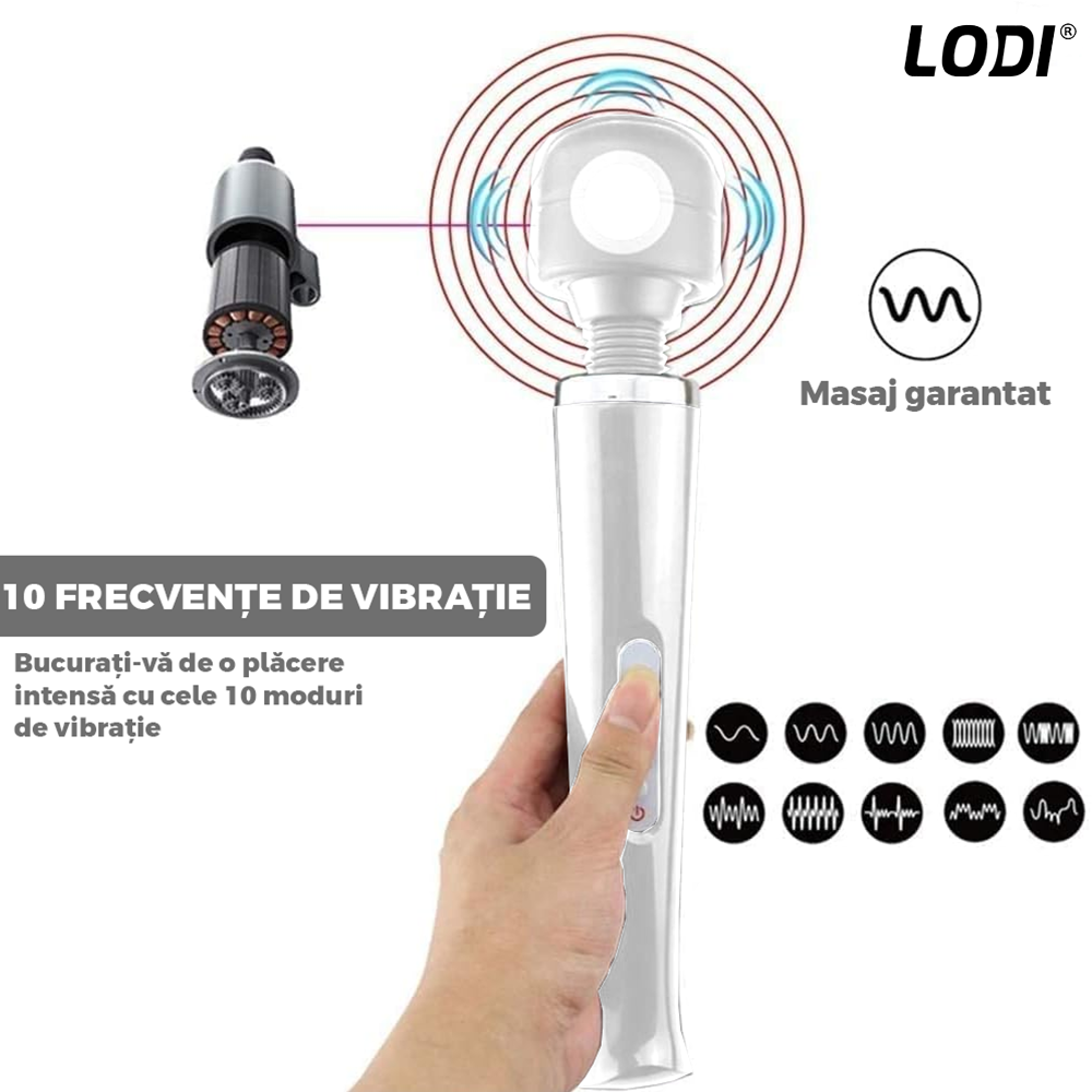 Aparat de Masaj Lodi1095, 10 Frecvente de Vibratii, waterproof, alimentare USB, portabil, elimina durerile musculare, alb