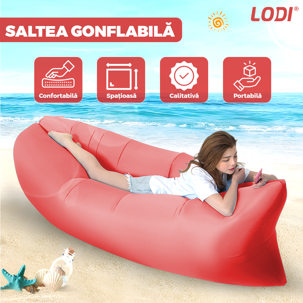 Saltea Gonflabila Tip Sezlong Lazybag Lodi1232, material rezistent, umflare fara pompa, pentru plaja/picnic/camping, rucsac de depozitare, 190 x 70 cm, rosu