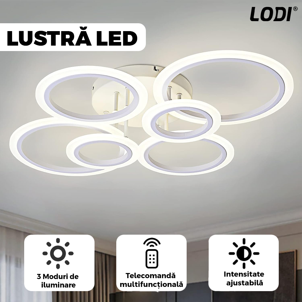 Lustra LED 6 Cercuri Lodi426, dimabila cu telecomanda, 3 tipuri de lumina, intensitate ajustabila, lumina alba rece, neutra, alba cald, putere 160 W, 55 cm