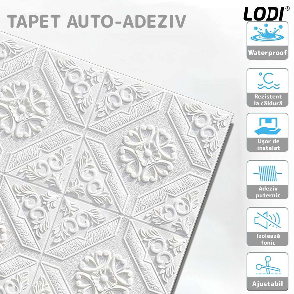 Set 10x Tapet 3D Lodi774, suprafata acoperire 4.9 mp, autoadeziv, Model Floral Carou, perete/tavan, waterproof, usor de montat, design modern, 70x70 cm, alb