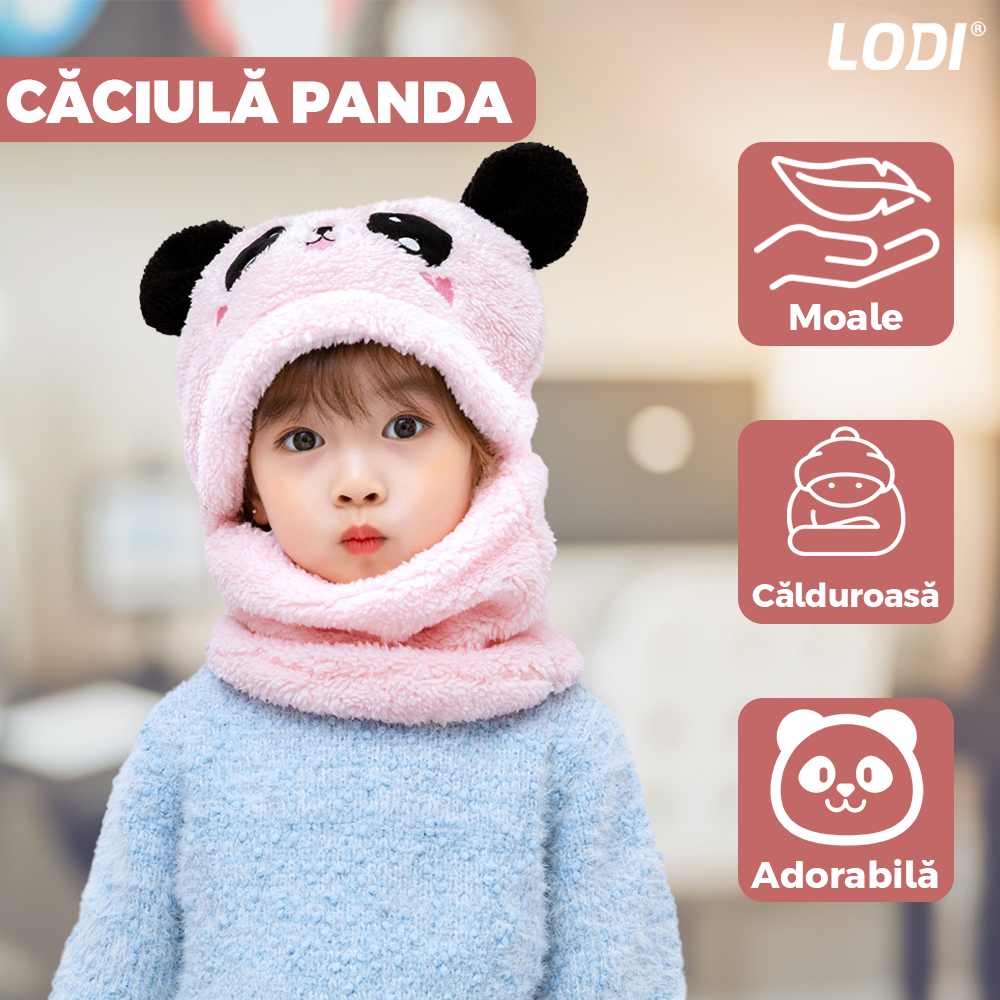 Caciula Pentru Copii Tip Cagula Lodi523, 2 in 1, tematica lumea animalelor, model ursulet panda zambitor, 1-5 ani, roz