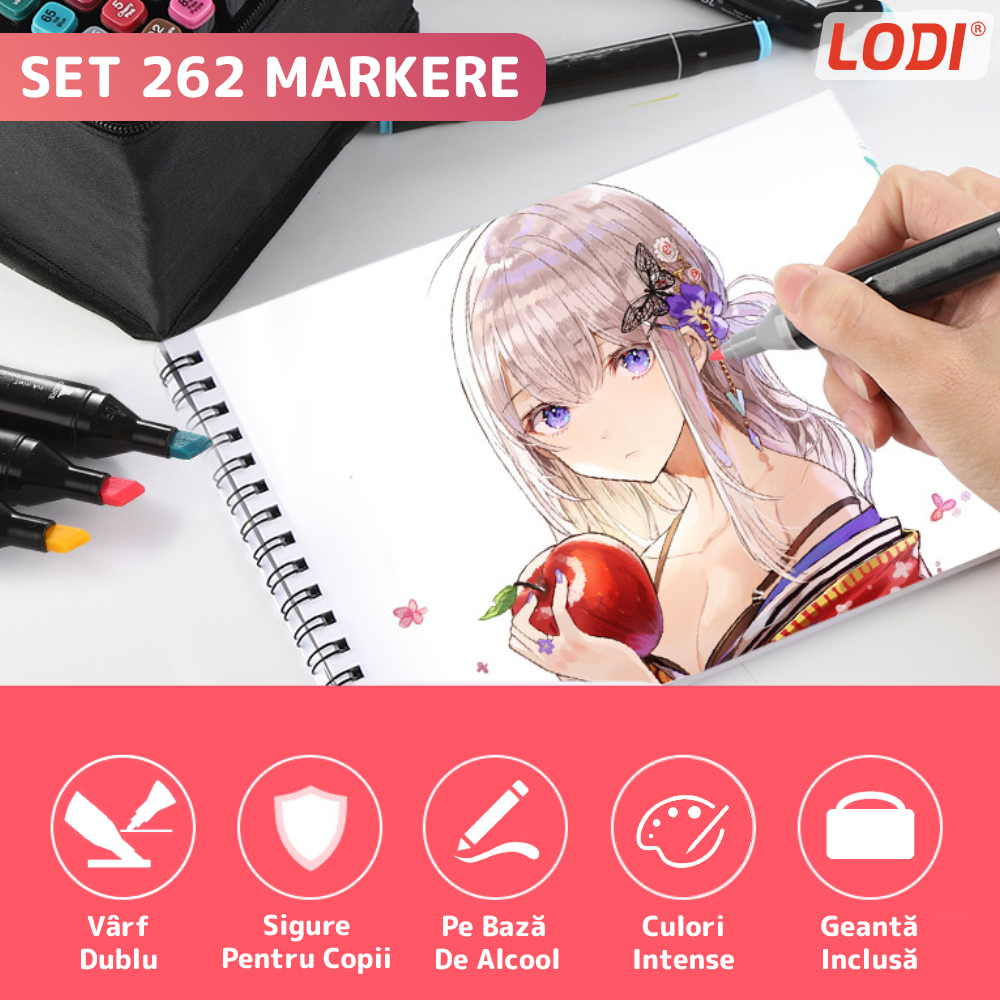 Set 262 Markere Lodi20, geanta de depozitare inclusa, 2 tipuri de varf, pe baza de alcool, culori intense, multicolor